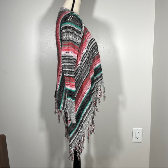 Poof Red Gray Black Open Front Knit Fringe Boho Long Sleeve Cardigan Sweater S - Picture 10 of 11